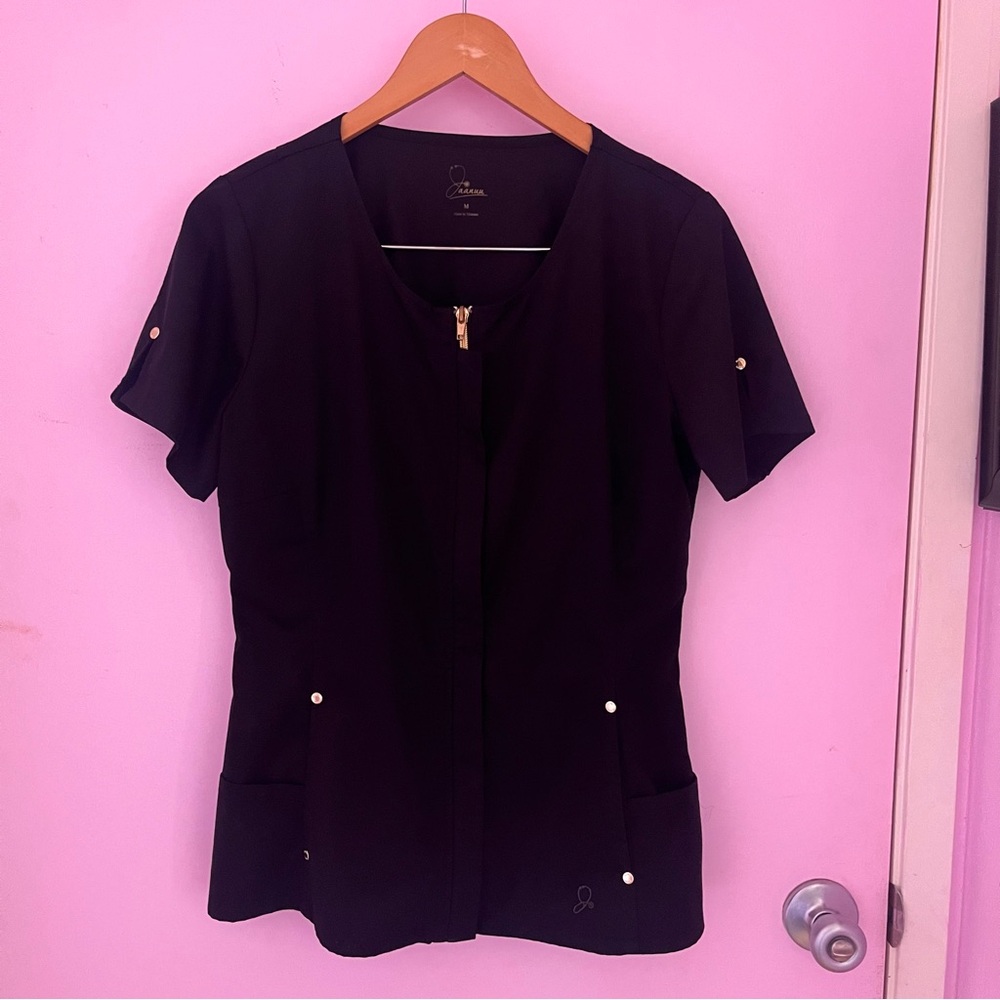 Jaanuu Scrub Black Zip-Up Top with Gold Accents
